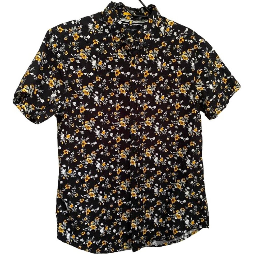 Denim & Flower Black and Yellow Floral Button Up Shirt 100% Cotton Short Sleeve